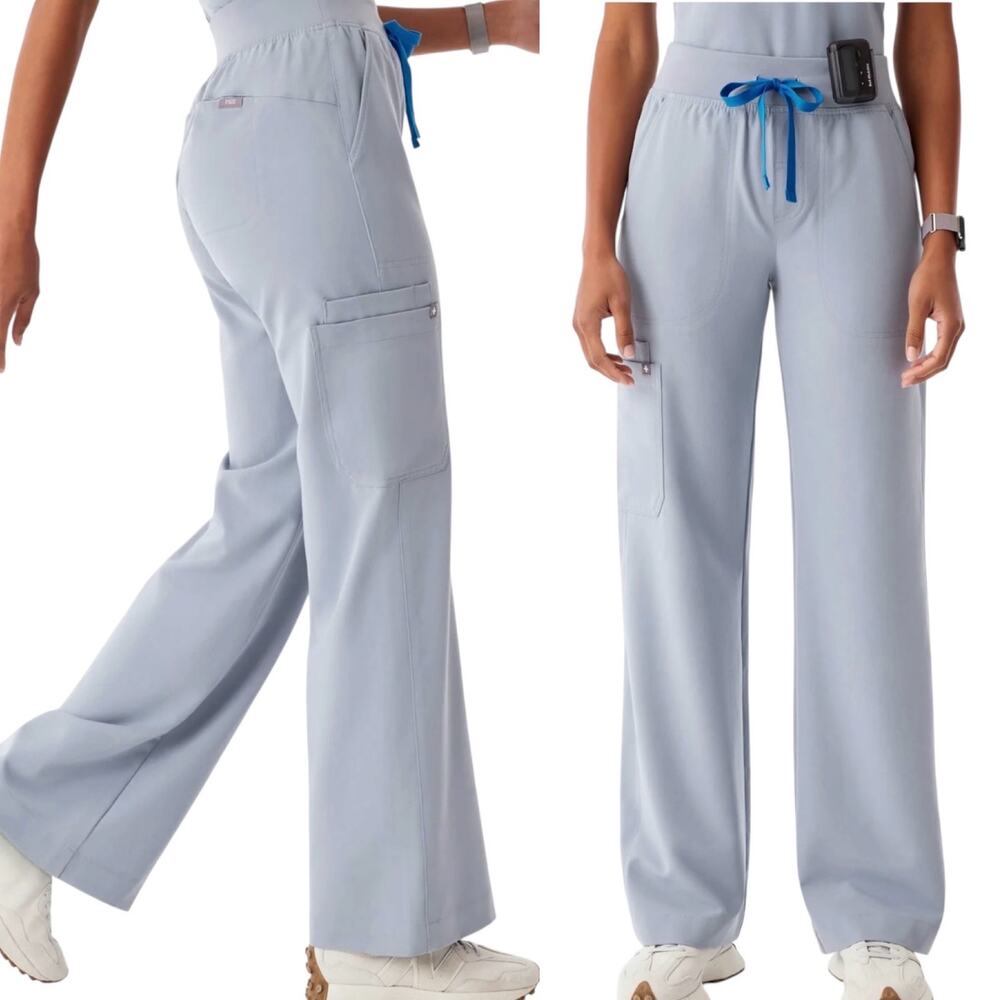 NWOT Figs Isabel Wide Leg 8 Pocket Cargo Scrub Pants Harbor Gray 6418 Size XS
